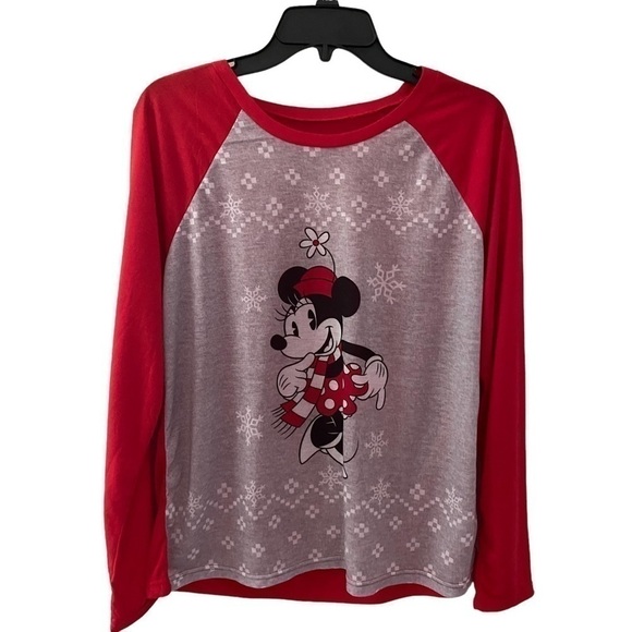 Disney Minnie Mouse Shirt Baseball Raglan Sleeve Snowflake Top women’s Large - Picture 1 of 6